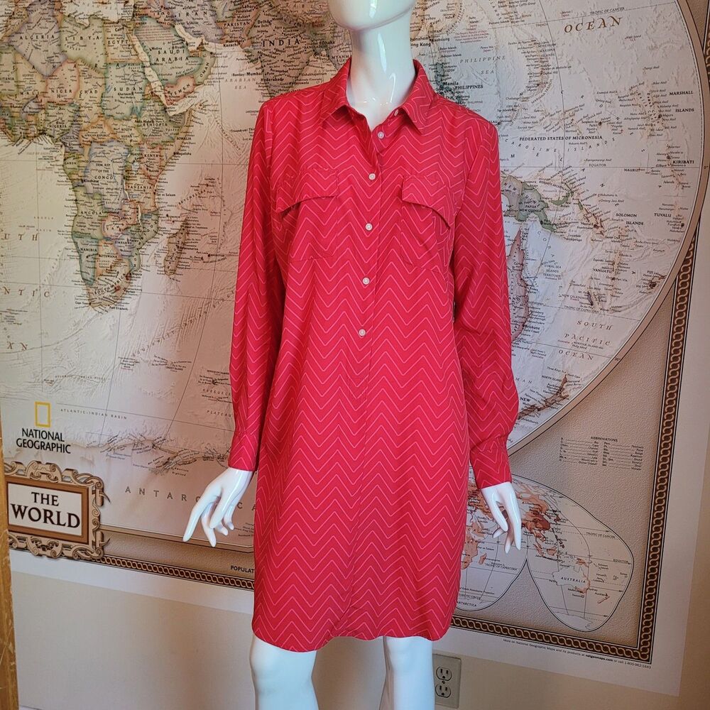 GAP Women's Zig Zag Pink Red Long Sleeve Shirt Dress Button Front L preppy work